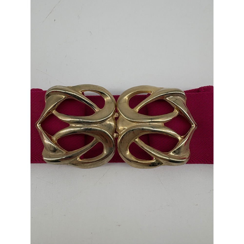 1980s Vintage Hot Pink Elastic Cinch Belt Brass-toned Buckle 28" Stretchy